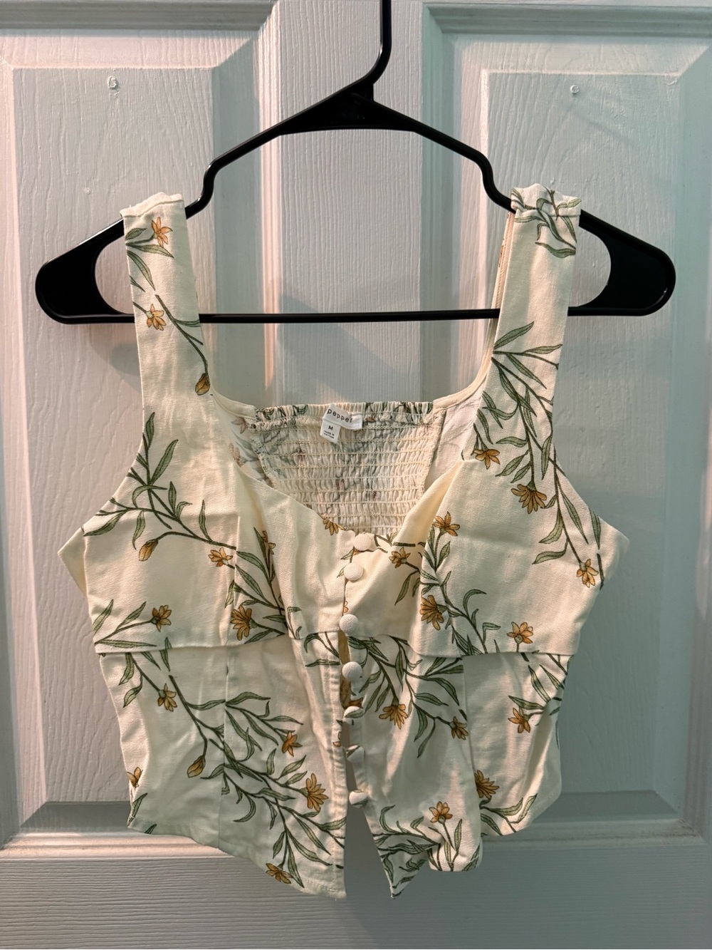 Floral Button-Front Cropped Tank Top - Cream with Yellow Floral